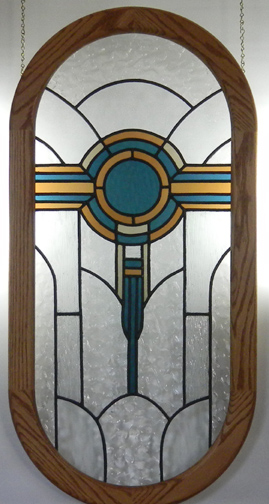geometric with oak frame