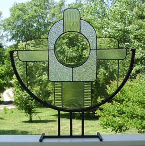 stained glass geometric design in metal stand