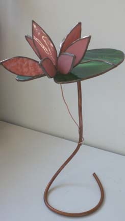 stained glass sater lily on copper stand pink and green 7 inches by 12 inches $58