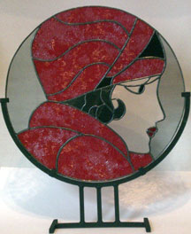 stained glass lady in red